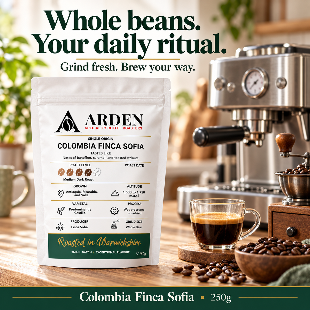ARDEN Colombia Finca Sofia - Whole Bean Coffee 250g – Single Origin, Medium Dark Roast – Small Batch Roasted – Banoffee, Caramel & Toasted Walnut Notes