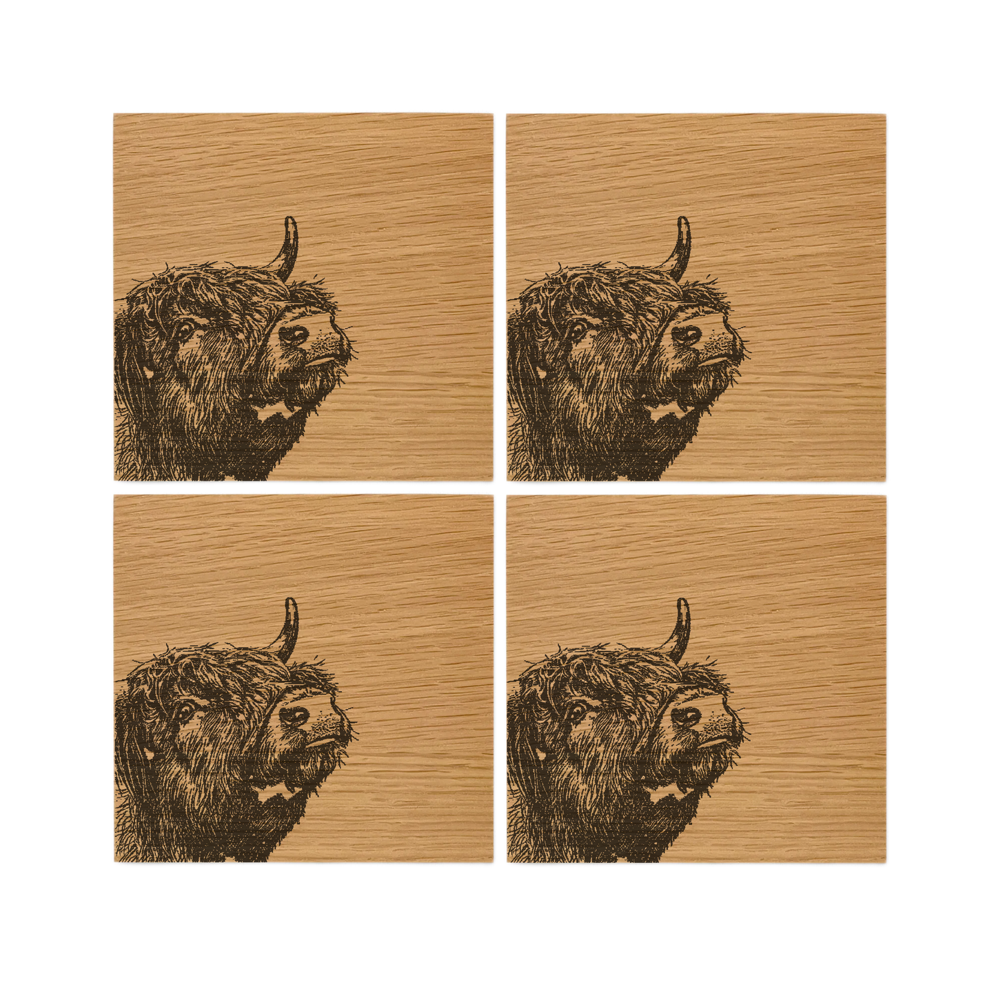 Highland Cow Oak Coasters - Set of 4