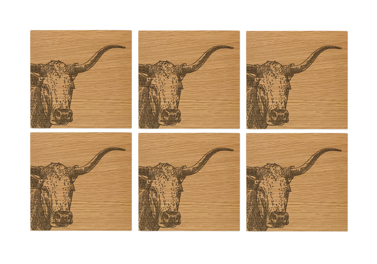 Texas Longhorn Oak Coasters - Set of 6