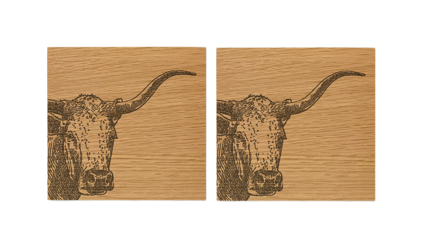 Texas Longhorn Oak Coasters - Set of 2