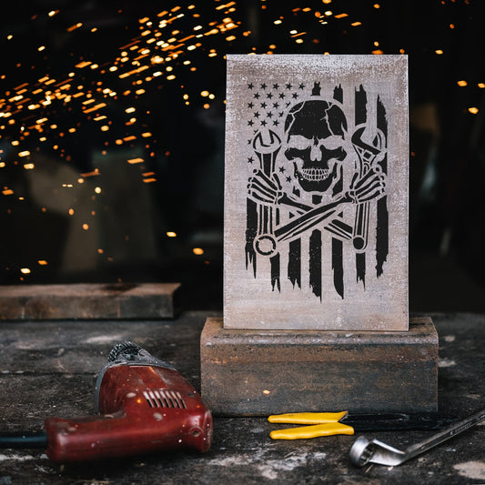 Skull Mechanic American Flag Stencil