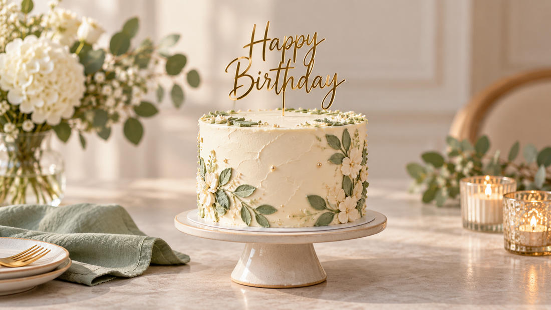Complete gold Happy Birthday topper above an ivory and sage celebration cake