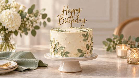 Complete gold Happy Birthday topper above an ivory and sage celebration cake