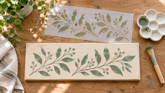 Sage botanical stencil design on a wooden plaque with Mylar stencil and brush