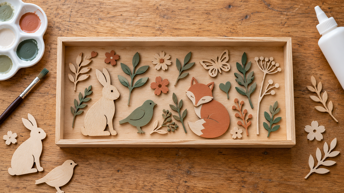 Painted and natural wooden animal and botanical embellishments arranged in a shadow box