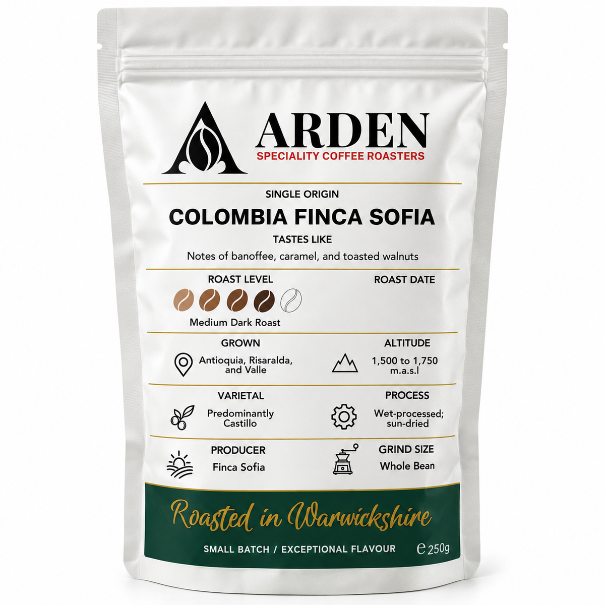 ARDEN Colombia Finca Sofia - Whole Bean Coffee 250g – Single Origin, Medium Dark Roast – Small Batch Roasted – Banoffee, Caramel & Toasted Walnut Notes