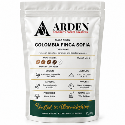 ARDEN Colombia Finca Sofia - Whole Bean Coffee 250g – Single Origin, Medium Dark Roast – Small Batch Roasted – Banoffee, Caramel & Toasted Walnut Notes