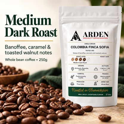 ARDEN Colombia Finca Sofia - Whole Bean Coffee 250g – Single Origin, Medium Dark Roast – Small Batch Roasted – Banoffee, Caramel & Toasted Walnut Notes