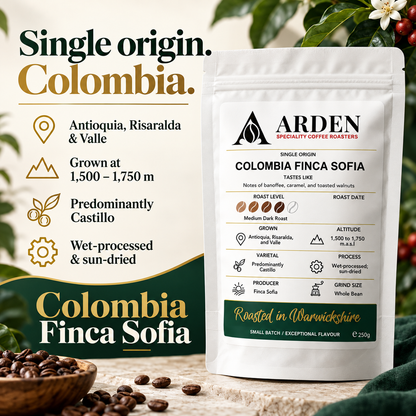 ARDEN Colombia Finca Sofia - Whole Bean Coffee 250g – Single Origin, Medium Dark Roast – Small Batch Roasted – Banoffee, Caramel & Toasted Walnut Notes