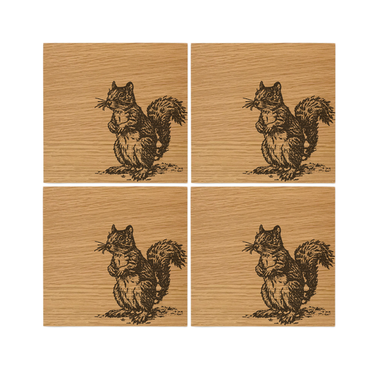 Squirrel Oak Coasters - Set of 4