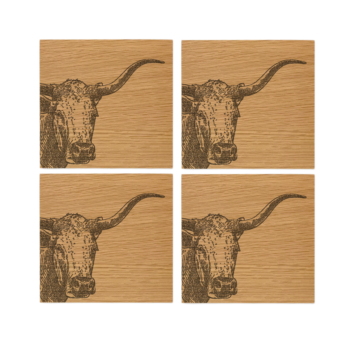 Texas Longhorn Oak Coasters - Set of 4