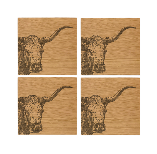 Texas Longhorn Oak Coasters - Set of 4