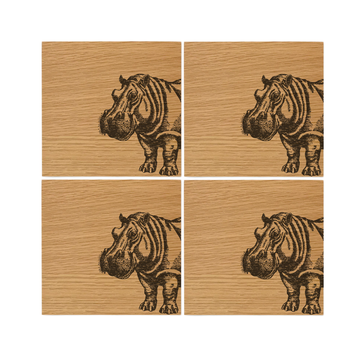 Hippo Oak Coasters - Set of 4