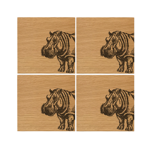 Hippo Oak Coasters - Set of 4