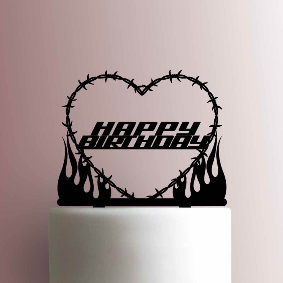 Barbed Wire Heart Happy Birthday - Acrylic Cake Topper
