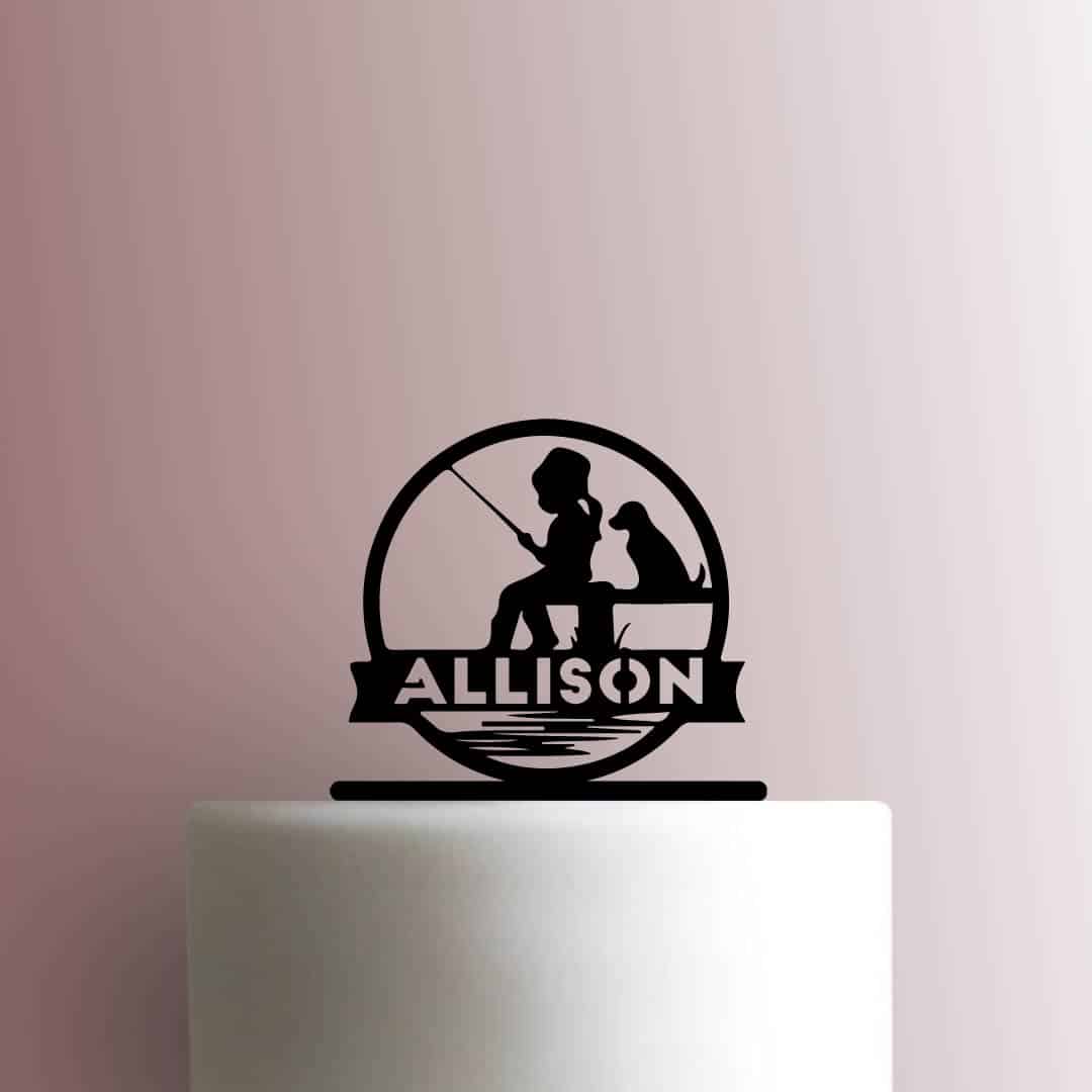 Custom Girl Fishing with Dog Name - Acrylic Cake Topper