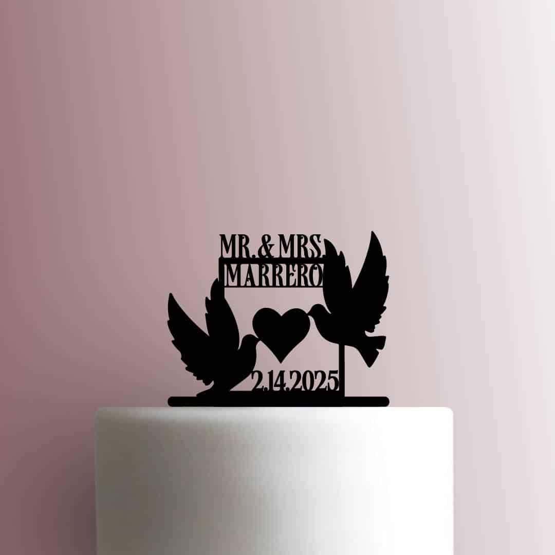 Custom Mr and Mrs Heart Dove Name and Date - Acrylic Cake Topper