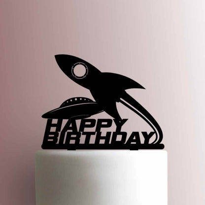 Spaceship and UFO Happy Birthday - Acrylic Cake Topper