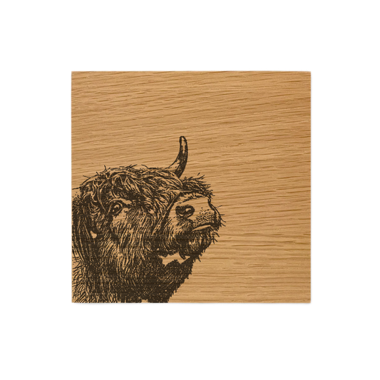 Highland Cow Single Oak Coaster