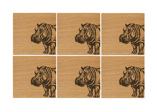 Hippo Oak Coasters - Set of 6