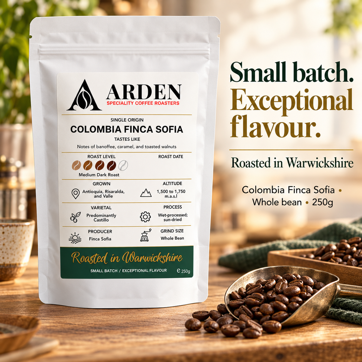 ARDEN Colombia Finca Sofia - Whole Bean Coffee 250g – Single Origin, Medium Dark Roast – Small Batch Roasted – Banoffee, Caramel & Toasted Walnut Notes
