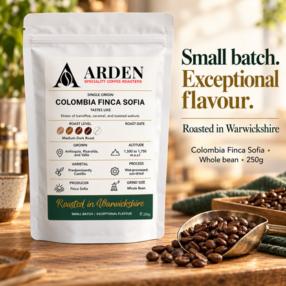 ARDEN Colombia Finca Sofia - Whole Bean Coffee 250g – Single Origin, Medium Dark Roast – Small Batch Roasted – Banoffee, Caramel & Toasted Walnut Notes