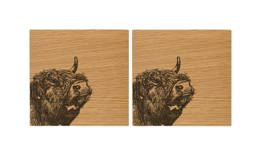 Highland Cow Oak Coasters - Set of 2